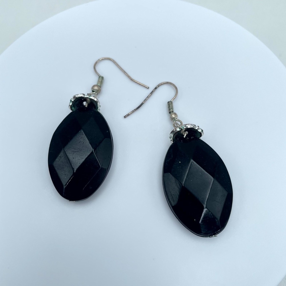 Vintage Silver-Tone Classic Black Onyx Faceted Oval Drop French Hook Earrings